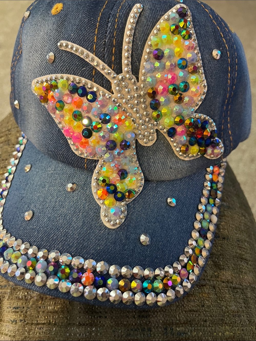 Denim Butterfly Rhinestone Multicolor Cap - Picture 4 of 4